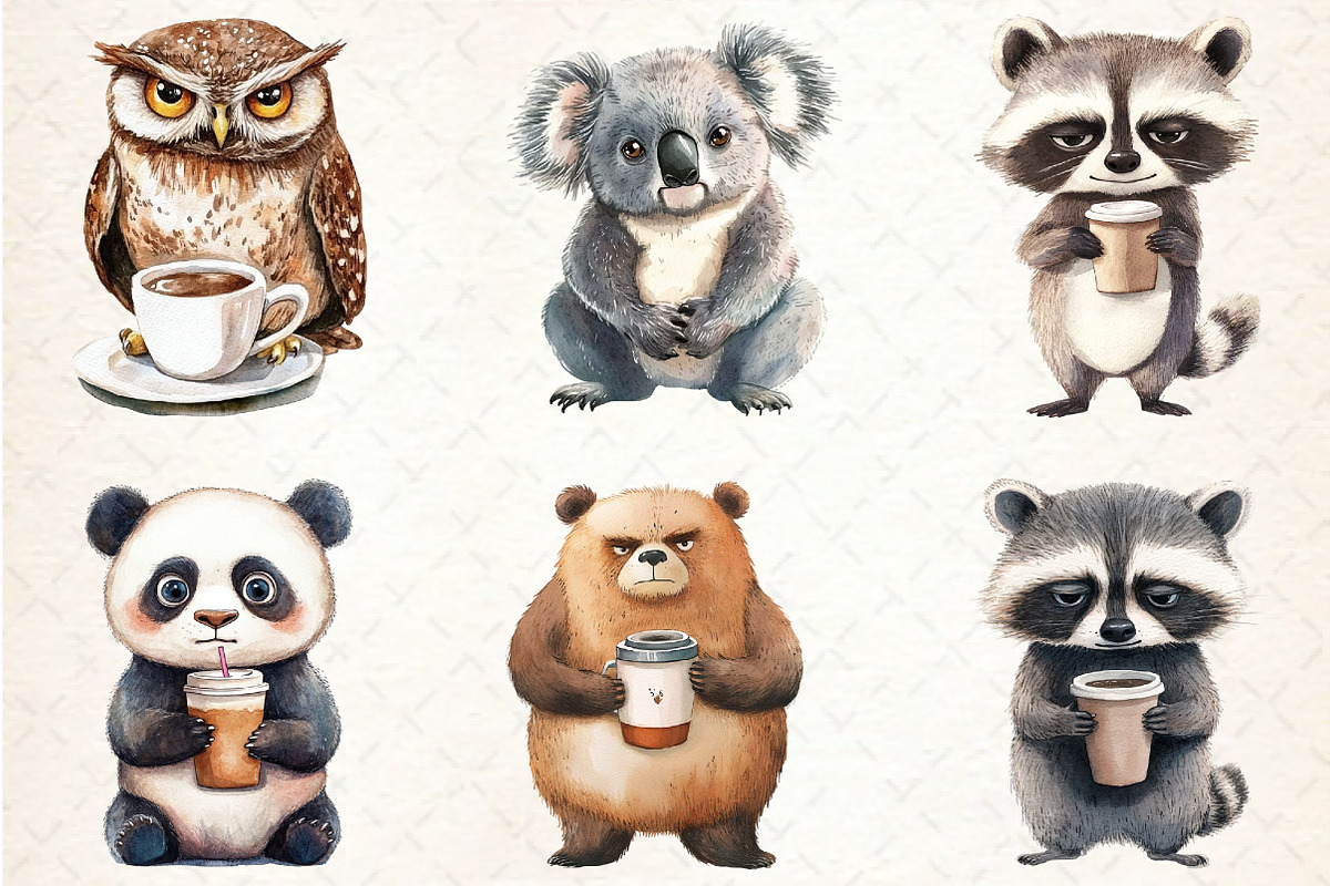 Grumpy Coffee Animals clipart, an Illustration by Rose Art (Photo 4 of 4)