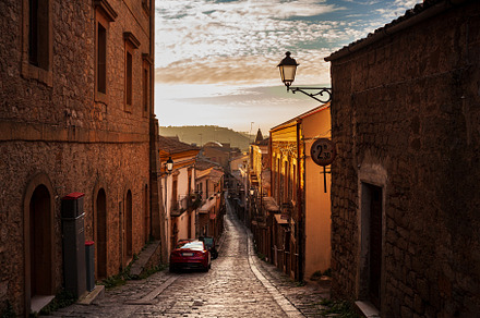Street with old houses at Aidone, Enna province, Sicily in Italy, an Architecture Photo by Bepslabor