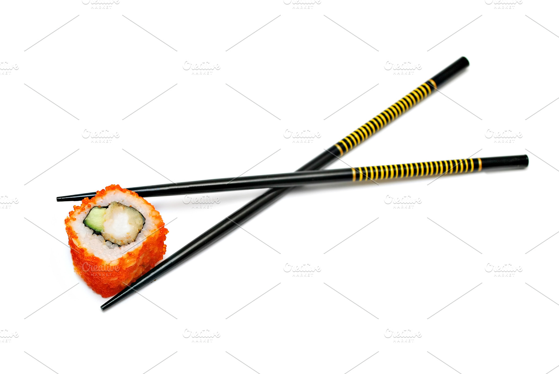 Single japan sushi roll in the chopsticks, a Photo by saiko3p