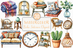 Watercolor Boho Interior Clipart, an Illustration by Craft Nest