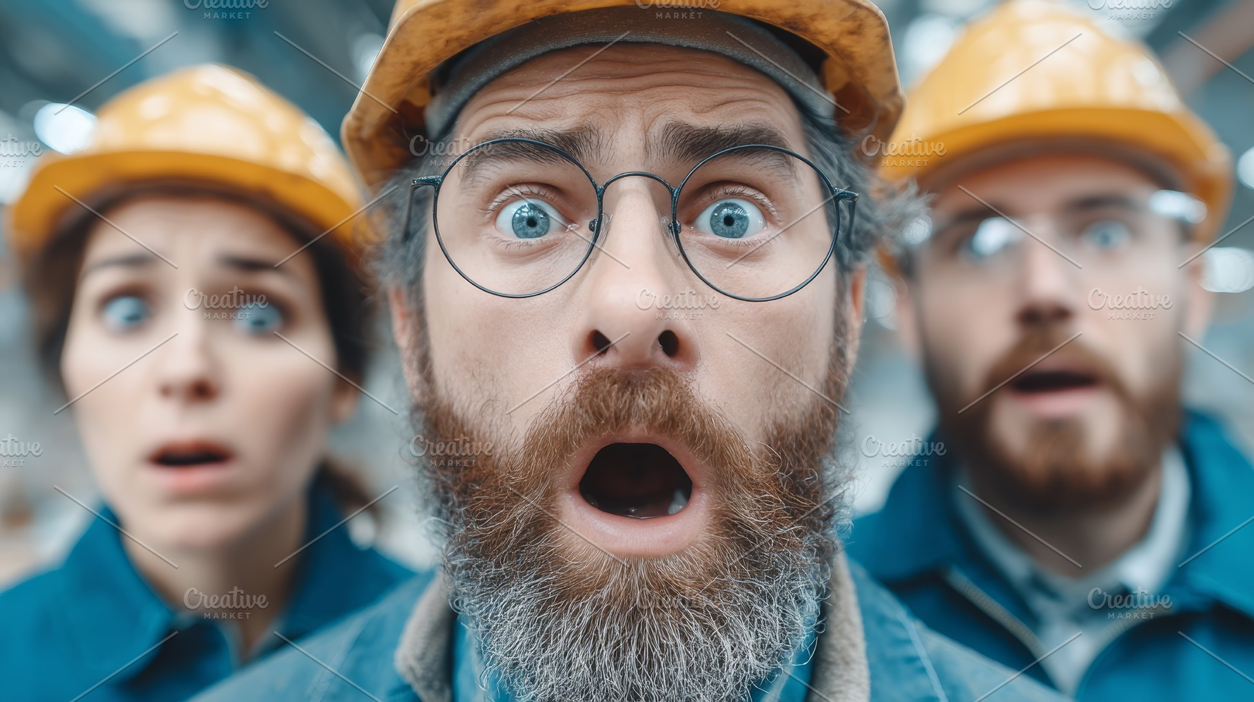 Shocked industrial workers in protective gear inside a factory environment, an Industrial Photo by AS photostudio