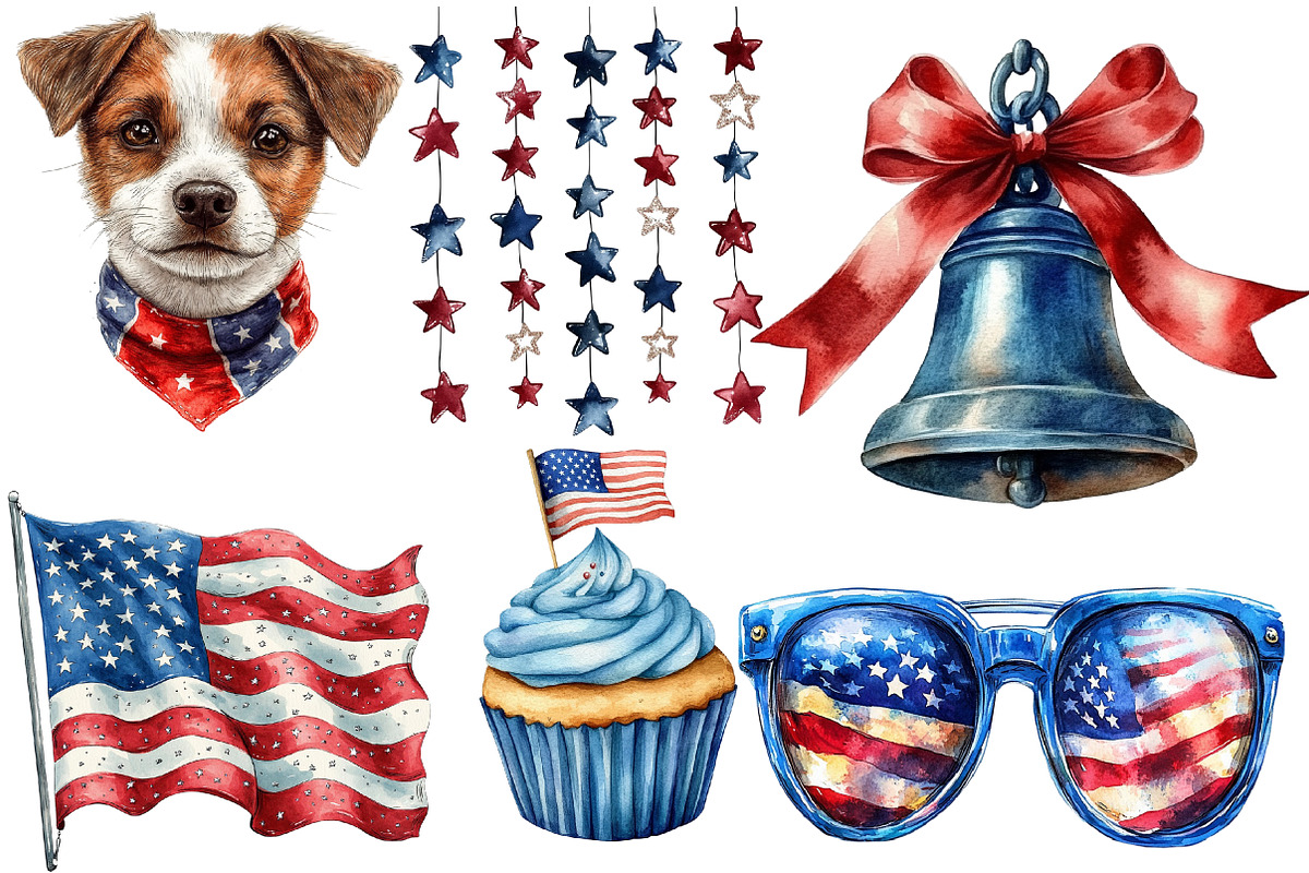 Hello 4th of July Watercolor Clipart, an Illustration by Designworld (Photo 2 of 7)