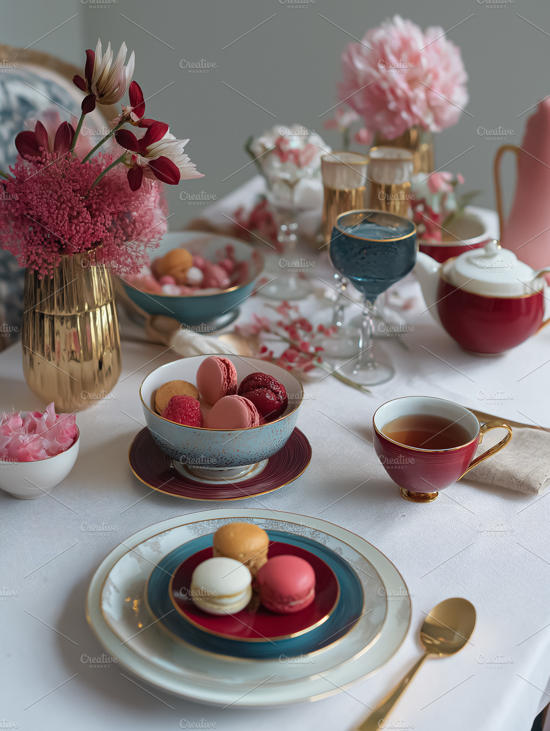 Elegant afternoon tea service setting with colorful macarons, hot tea, flowers, a Food & Drink Photo by Studio ANNA