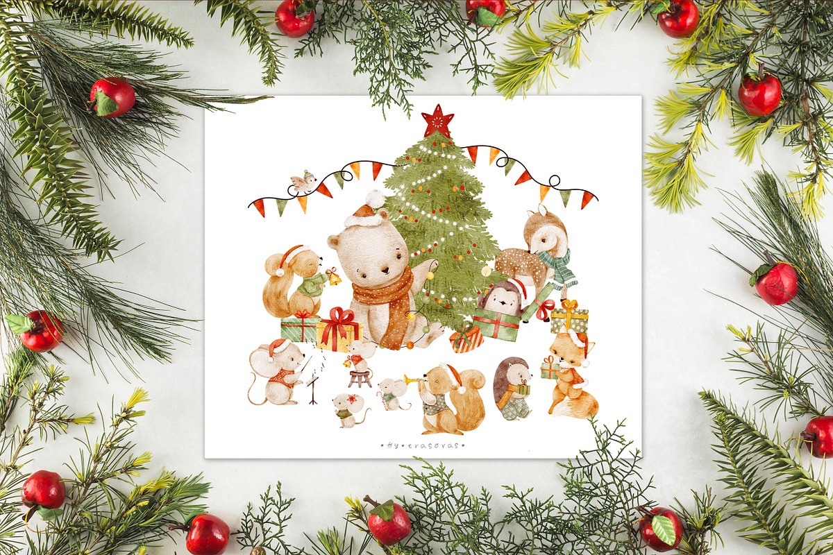 LITTLE CHRISTMAS watercolor animals, an Animal Illustration by erasovas (Photo 4 of 12)
