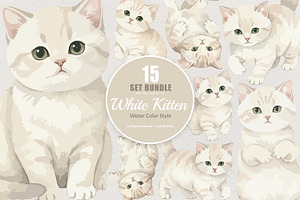 15 Bundle Watercolor White Kitten