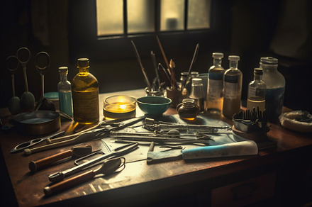 Medical equipment surgery at hospital of the past, old medicine.