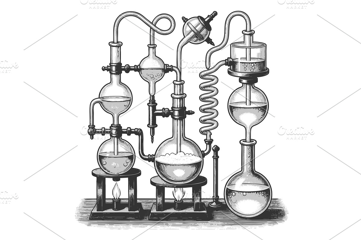 Vintage chemistry distillation setup, an Illustration by AlexArt