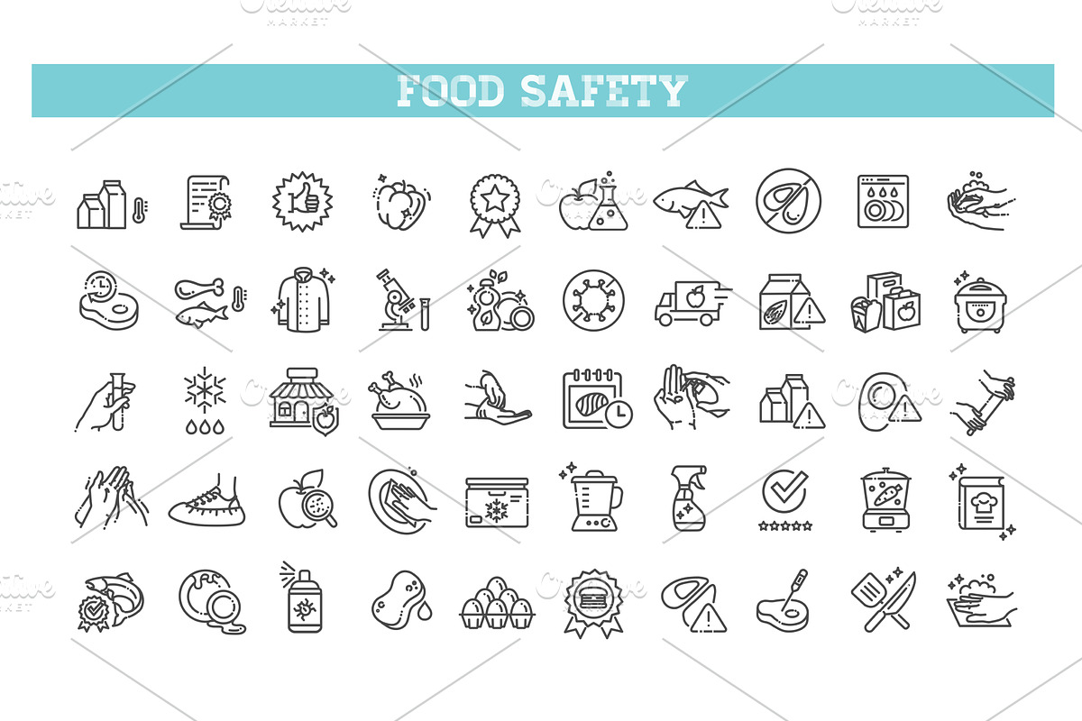 Set of outline food safety icons, a Food Illustration by Tettygreen