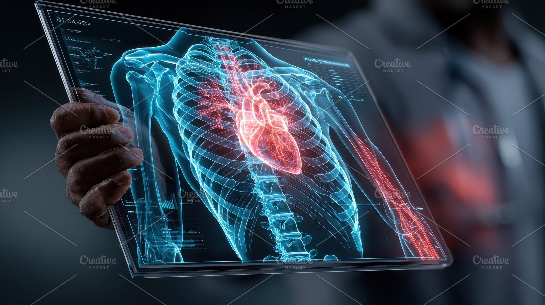 Doctor holding futuristic tablet sho, a Photo by Pixeness Studio