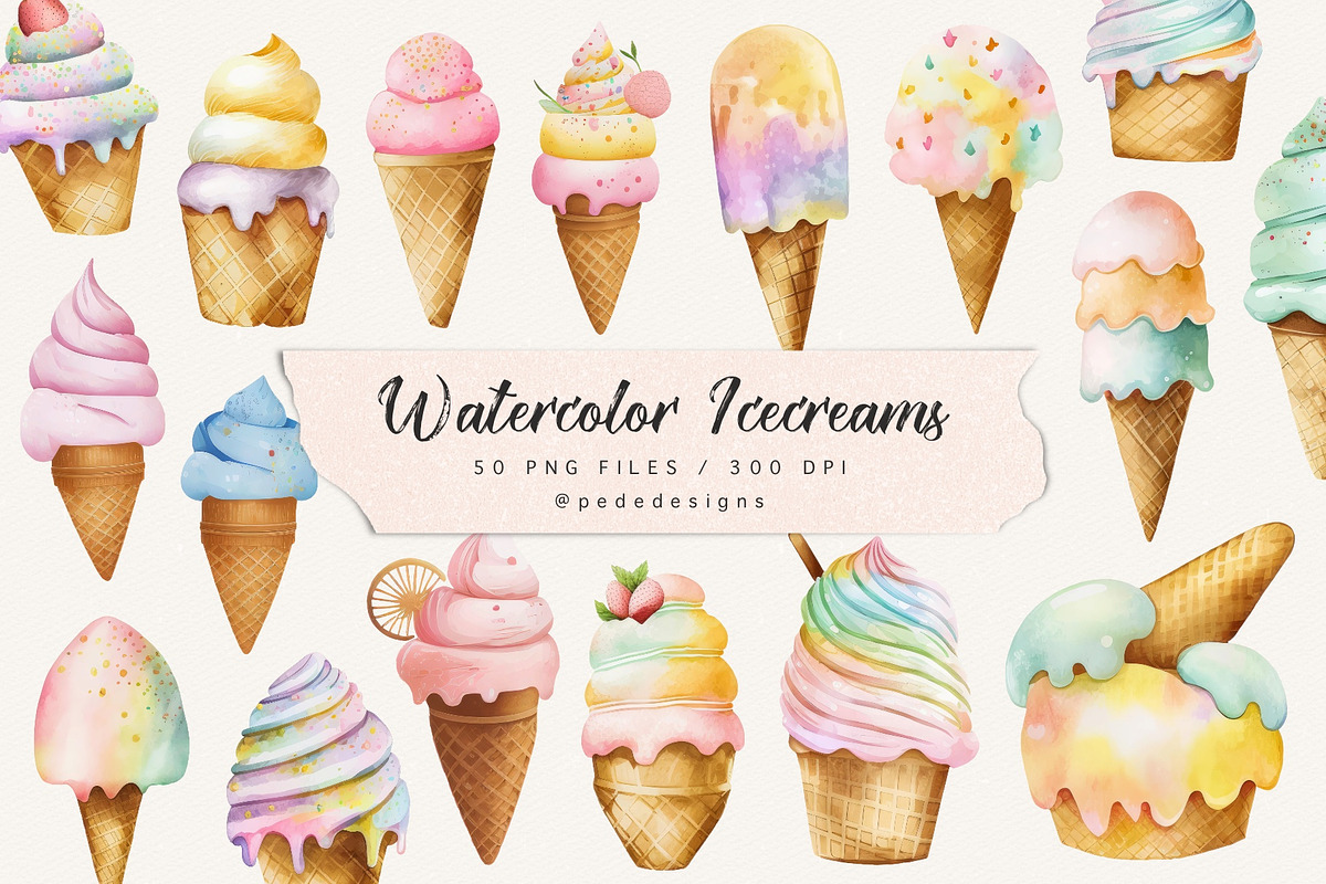 Watercolor Ice Creams, a Food Illustration by PeDe Designs (Photo 1 of 4)