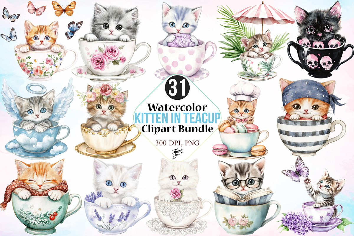 Watercolor Kitten in Teacup Clipart, an Illustration by Canvas Craft (Photo 1 of 4)