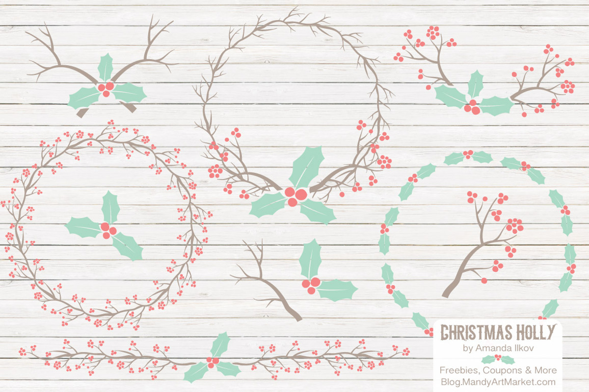 Mint & Coral Holly Christmas Vectors, an Illustration by Amanda Ilkov (Photo 1 of 5)
