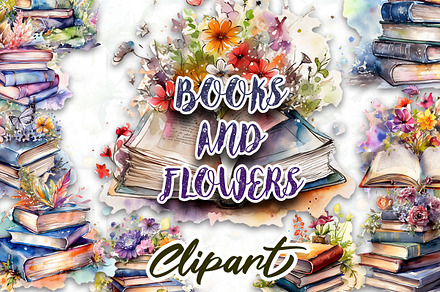 Books and Flowers Watercolor Clipart, an Object Graphic by CrittersHub