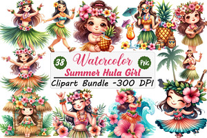 Watercolor Summer Hula Girl Clipart, an Illustration by DreamCafeArt