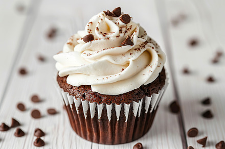 Chocolate cupcakes with white whipped cream on wooden table, a Food & Drink Photo by AlyaAnd
