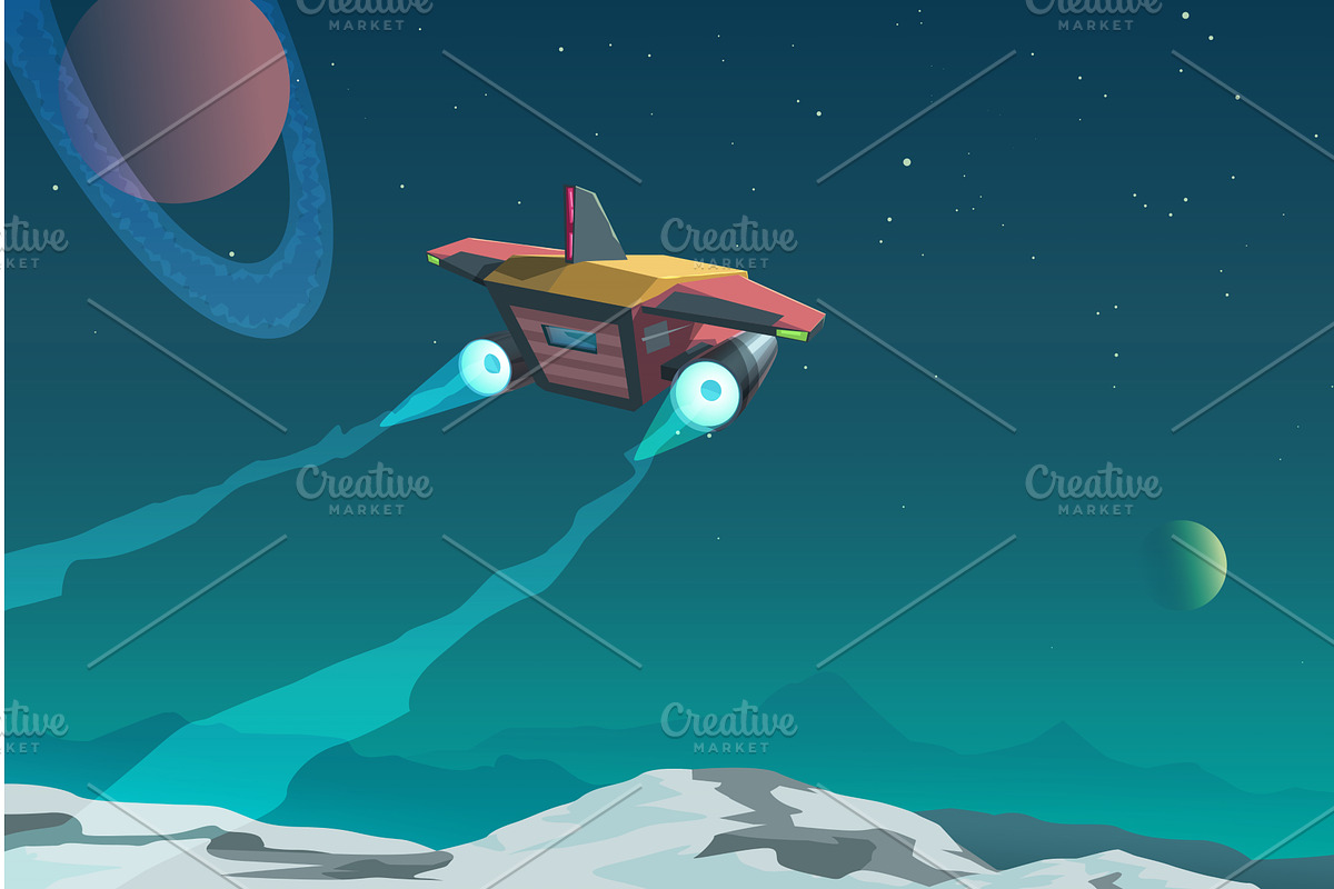 Spaceship flying over alien planet, a Technology Illustration by IfH