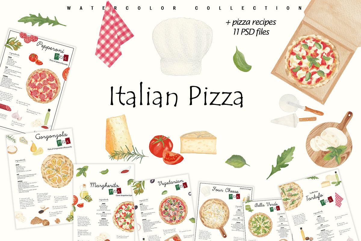 Italian Pizza Watercolor Recipe Set, a Food Illustration by Sunshine Art (Photo 1 of 13)