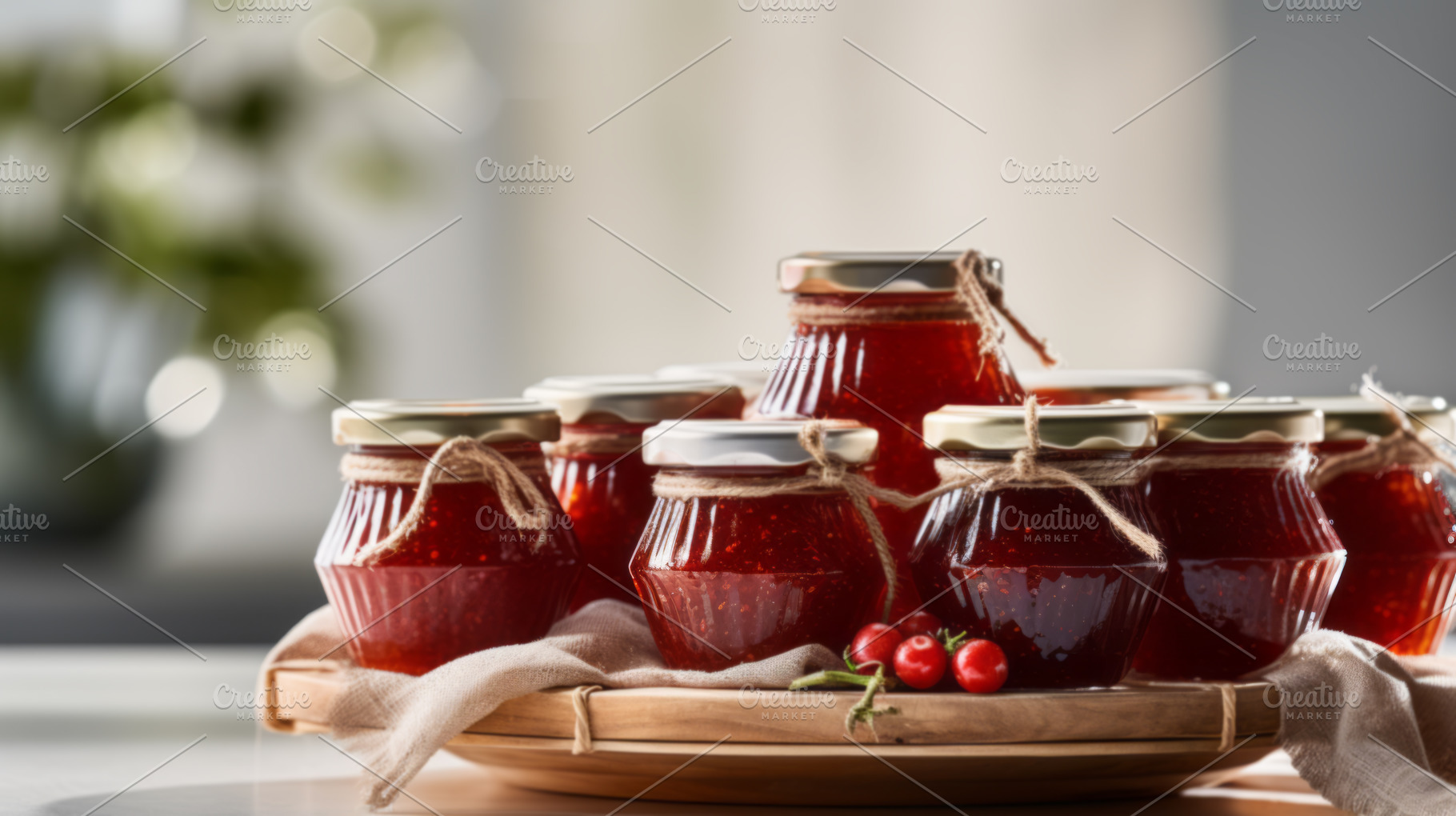 assortment of jams, seasonal berries, plums, mint and fruits, a Food & Drink Photo by Natalia Klenova's Shop