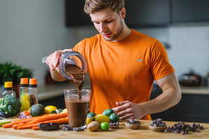 A man with  chocolate protein shake, a Photo by Pavel_design