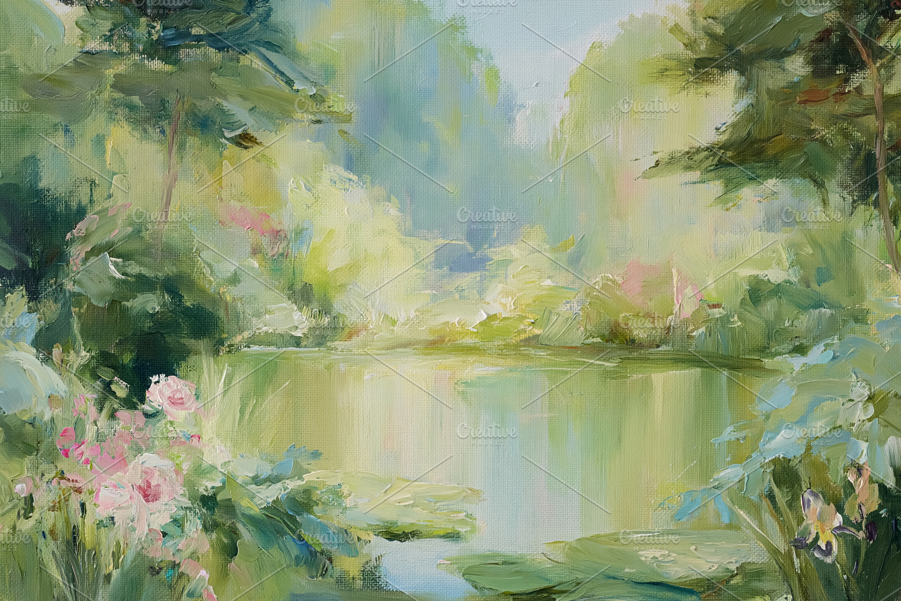 Impressionist tranquil pond with water lilies and blooming roses, a Photo by Studio ANNA