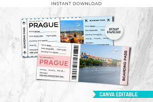 Prague Boarding Pass Canva Templates