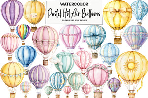 Pastel Hot Air Balloons Clipart, an Illustration by DreamArtGraphic