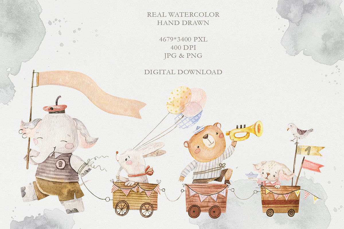 Watercolor Cute Animals & Transport, an Animal Illustration by the_myro (Photo 5 of 11)