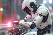 Humanoid robot welding glowing metal piece in factory floor, an Industrial Photo by GoodGoods (Thumbnail 2 of 2)