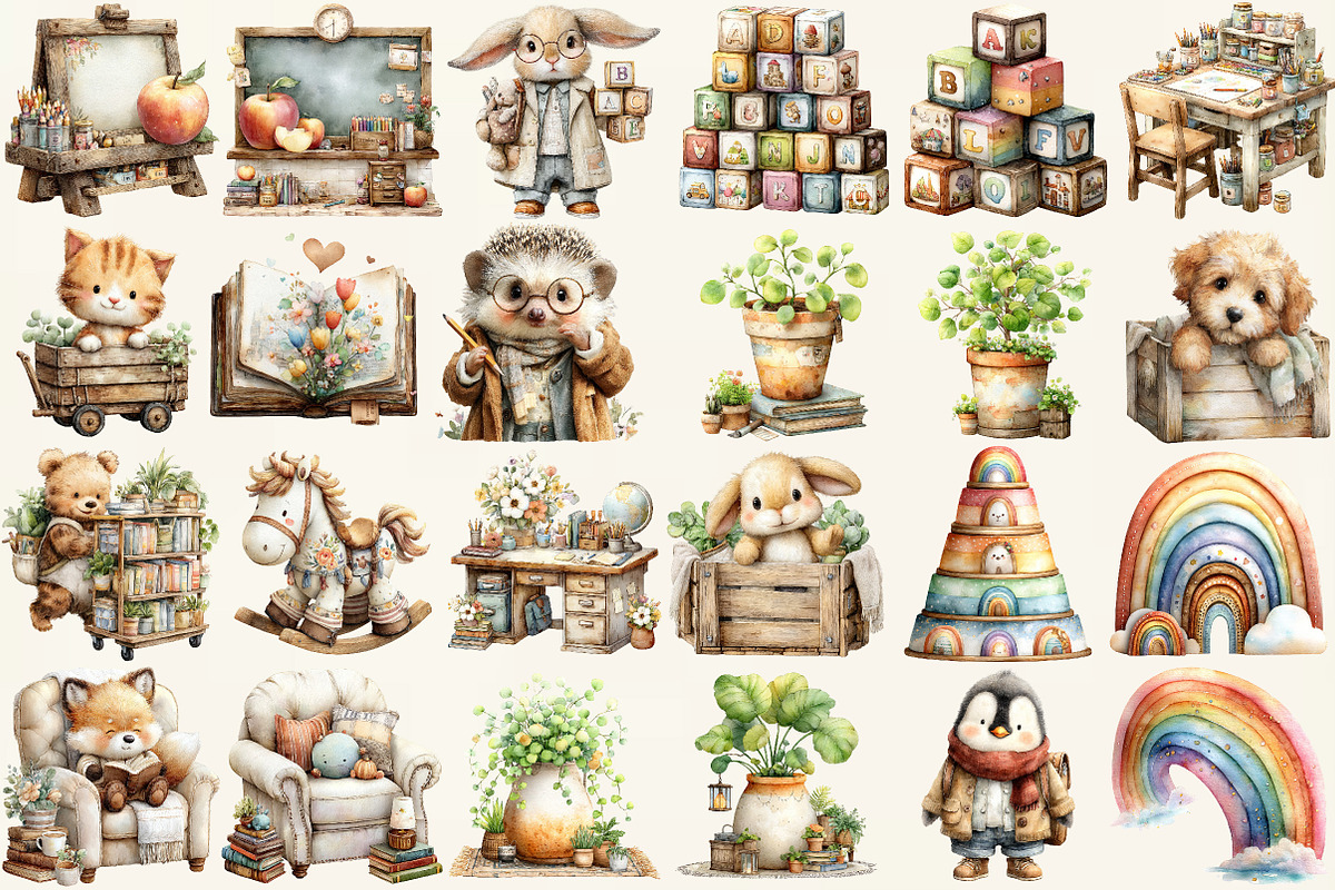 Cute Kindergarten Watercolor Clipart, an Illustration by DreamCafeArt (Photo 3 of 6)
