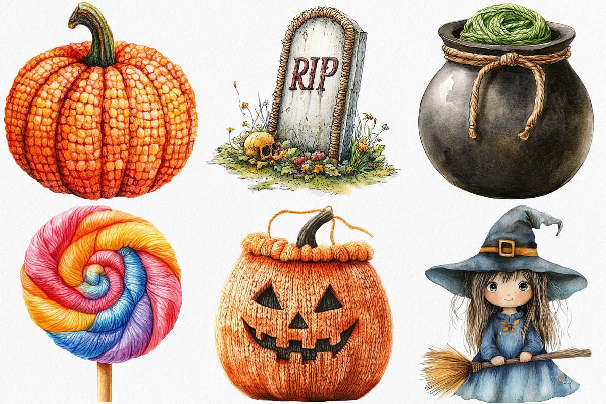 Watercolor Crochet Halloween Clipart, an Illustration by Canvas Craft (Photo 4 of 8)