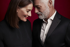 Senior couple sharing a red gift box, expressing love and romanc, a Photo by Studio ANNA