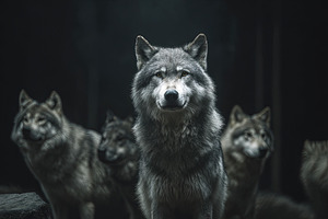 Group of grey wolves standing together in a dark forest, facing, an Animal Photo by Ales Munt