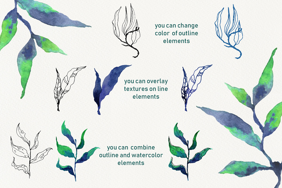 Lineart floral leaves patterns, a Texture Illustration by Dina Guiter (Photo 5 of 20)