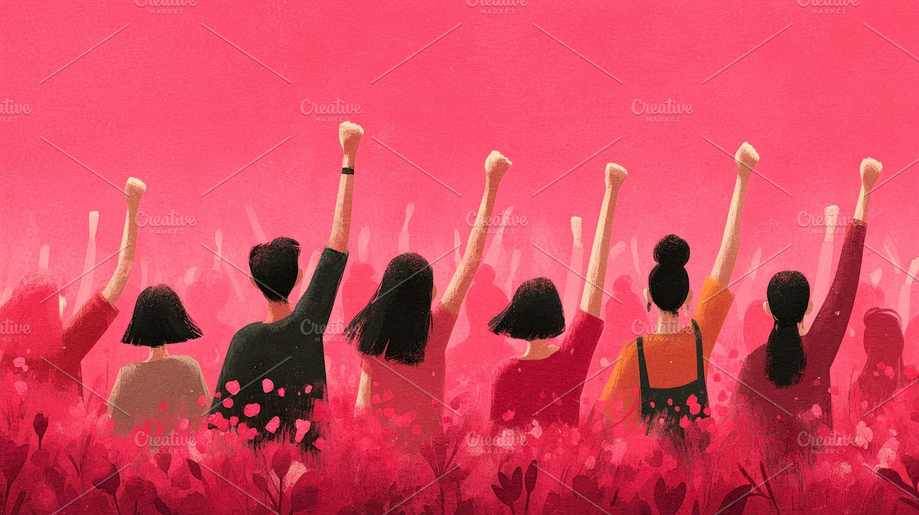 Women raising fists together in a pink protest scene symbolizing, a Person Photo by José Manuel Gelpi
