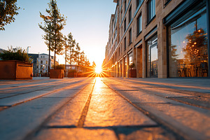 Sunset casts golden light on urban street lined with modern buildings and trees, a Photo by AlyaAnd