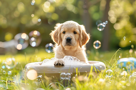 Cute puppy taking a bath in the basin with soap bubbles on blurred green backgr, an Animal Photo by AlyaAnd
