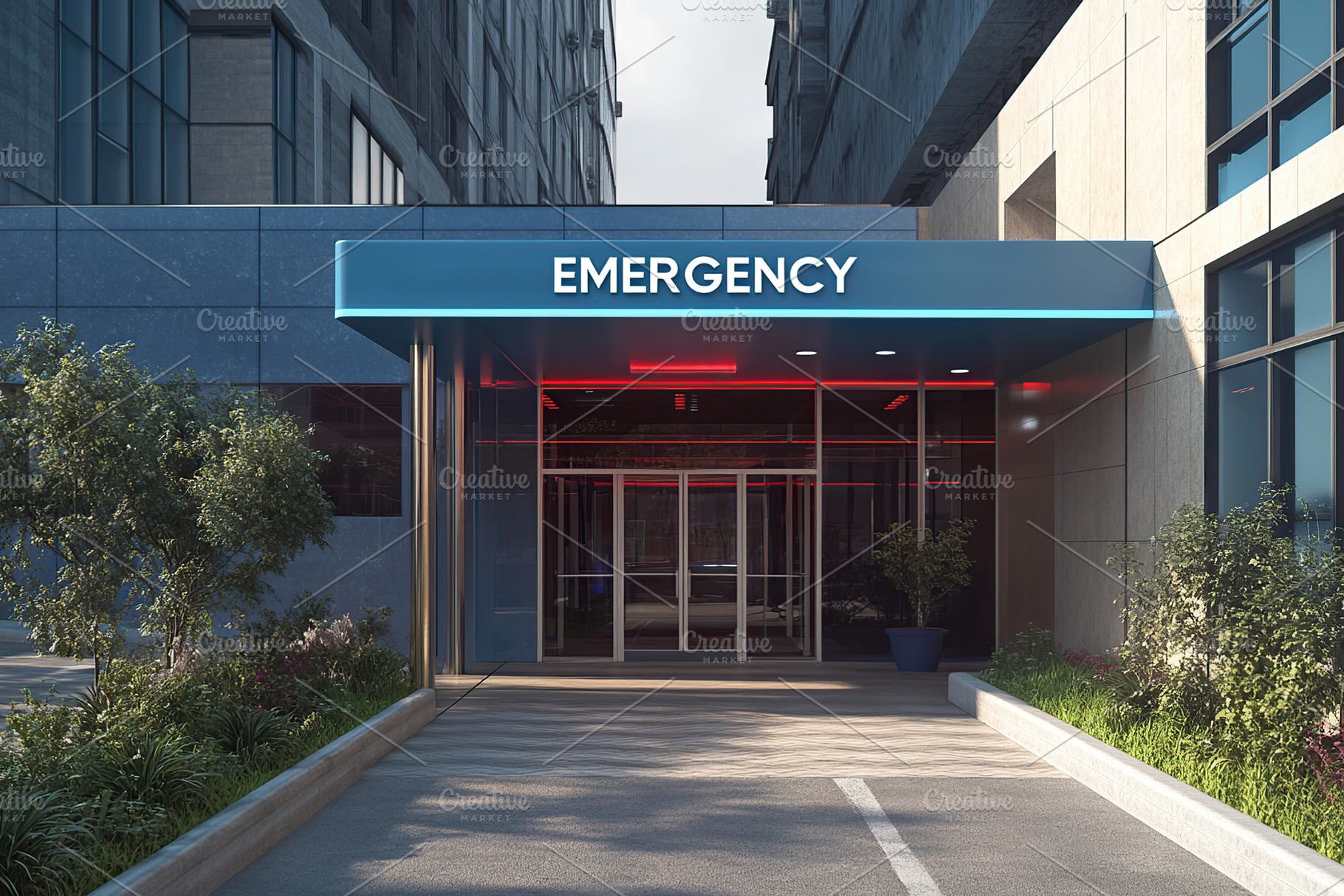 Emergency room entrance with clear signage and modern architecture at a healthc, an Architecture Photo by AlyaAnd