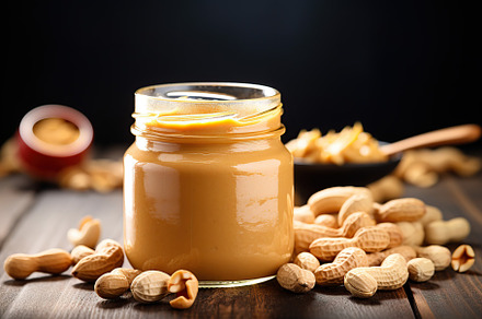 Glass jar with peanut butter on wooden background, a Food & Drink Photo by AlyaAnd