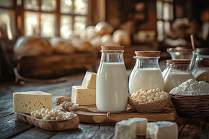 A rustic kitchen scene featuring a glass bottle of milk, various types of chees, a Person Photo by Textures & Backgrounds