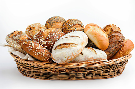 Freshly different baked bread in basket isolated on white background, a Food & Drink Photo by AlyaAnd
