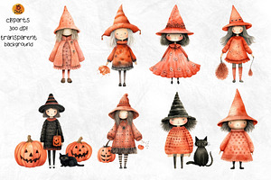 Cute Autumn Witch Watercolor Clipart