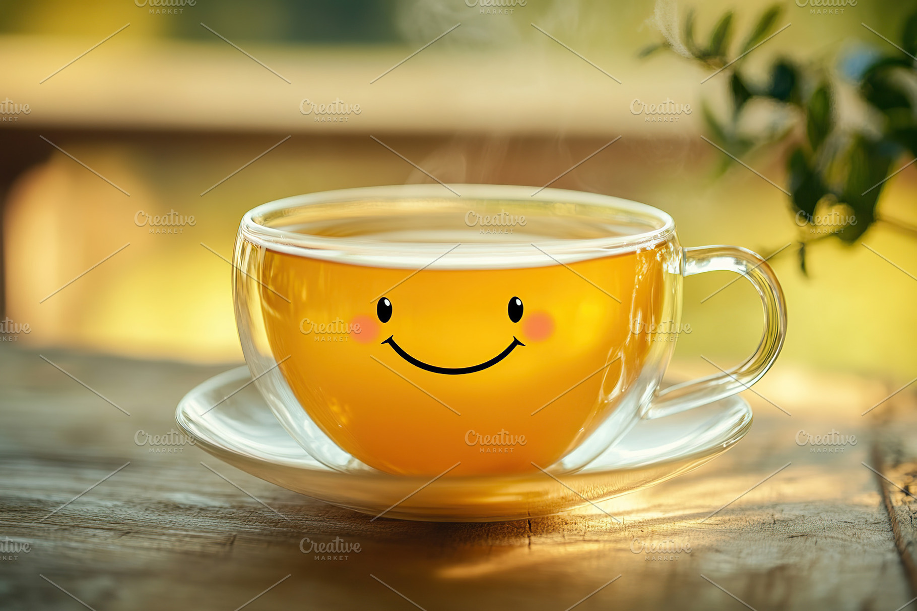 Smiling cup of tea on blurred background, a Food & Drink Photo by AlyaAnd