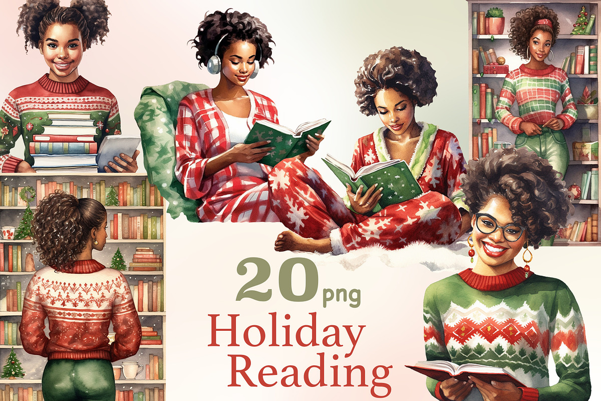 Holiday Reading Black Girls Clipart, a Person Illustration by GlamArtZhanna (Photo 1 of 5)