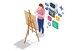 AI art assistant. Isometric AI robot, a Technology Illustration by Golden Sikorka