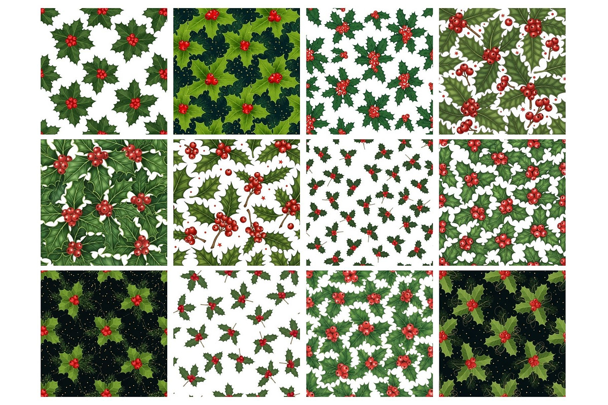 Mistletoe & Holly Christmas Seamless, an Illustration by Mashimara (Photo 2 of 5)
