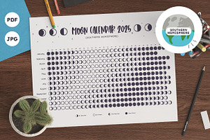 2025 Moon Phases Calendar. South Hem