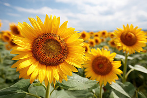 Bright sunflowers blooming and turning towards the sun under a clear blue sky i, a Nature Photo by AlyaAnd