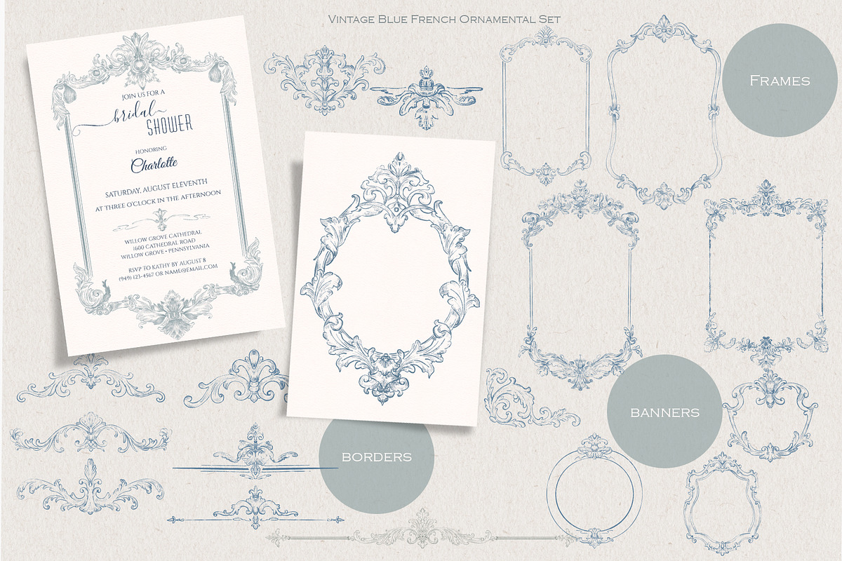 Vintage Blue French Ornamental Set, a Decorative Illustration by AlenaVlasko stock Market (Photo 1 of 8)