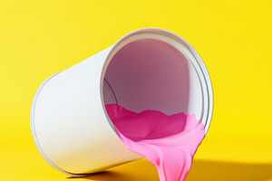Pink Paint Spilling from a White Can on Yellow Background, an Abstract Photo by Natalia Klenova's Shop