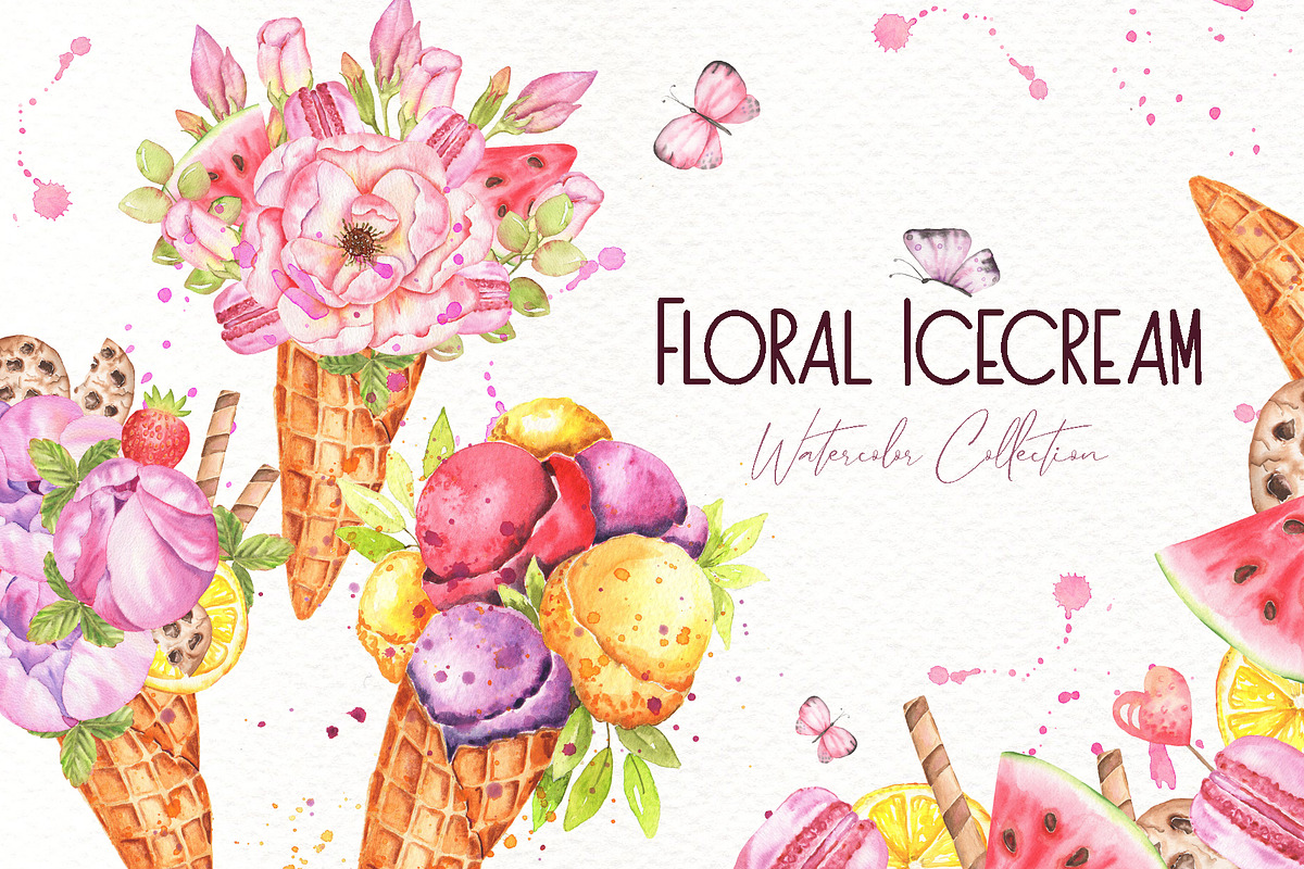 Floral Icecream Watercolor Set, an Illustration by TanataDesign (Photo 1 of 13)